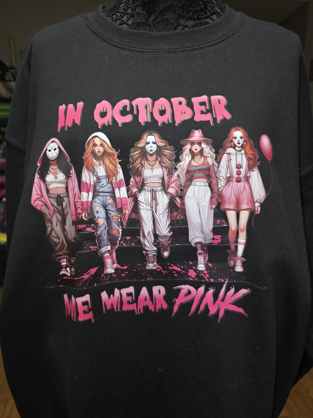 Gildan Black Crewneck Sweatshirt with Pink Graphic - Picture 2 of 4